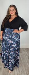 Elegant plus size long dress with black wrap bodice and flowing floral print maxi skirt SPG Flower Contrast Long Dress with floral print skirt