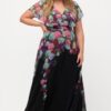 Ulla Popken Wrap Look Rose Print Chiffon Maxi Dress
