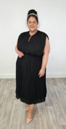 UllaPopken Pleat Chiffon Dress in black with pleated skirt and drawstring waist