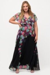 UllaPopken Faux Wrap Chiffon Dress with floral rose print chiffon overlay and tie waist