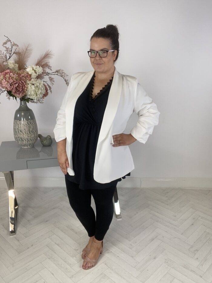 White Ruched Sleeve Blazer