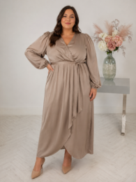Evoked VNeck Satin Dress in taupe satin with elegant maxi length and wrap-style front