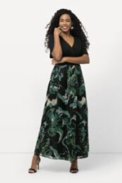 Elegant abstract print occasion dress with flowing layered maxi skirt