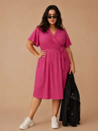 Evoked Knee Length Pink Dress with V-neck, short sleeves, waist tie belt and flattering regular fit