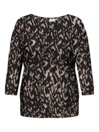 Plus size clothing Only soft knit top with abstract black and beige print, 3/4 sleeves