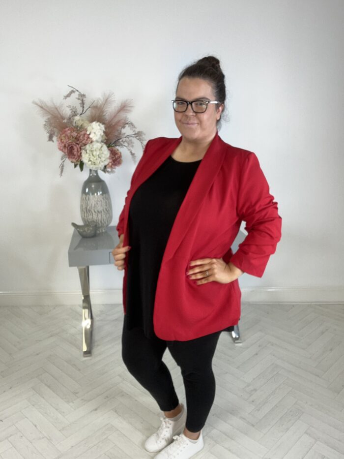 Red Ruched Sleeve Blazer