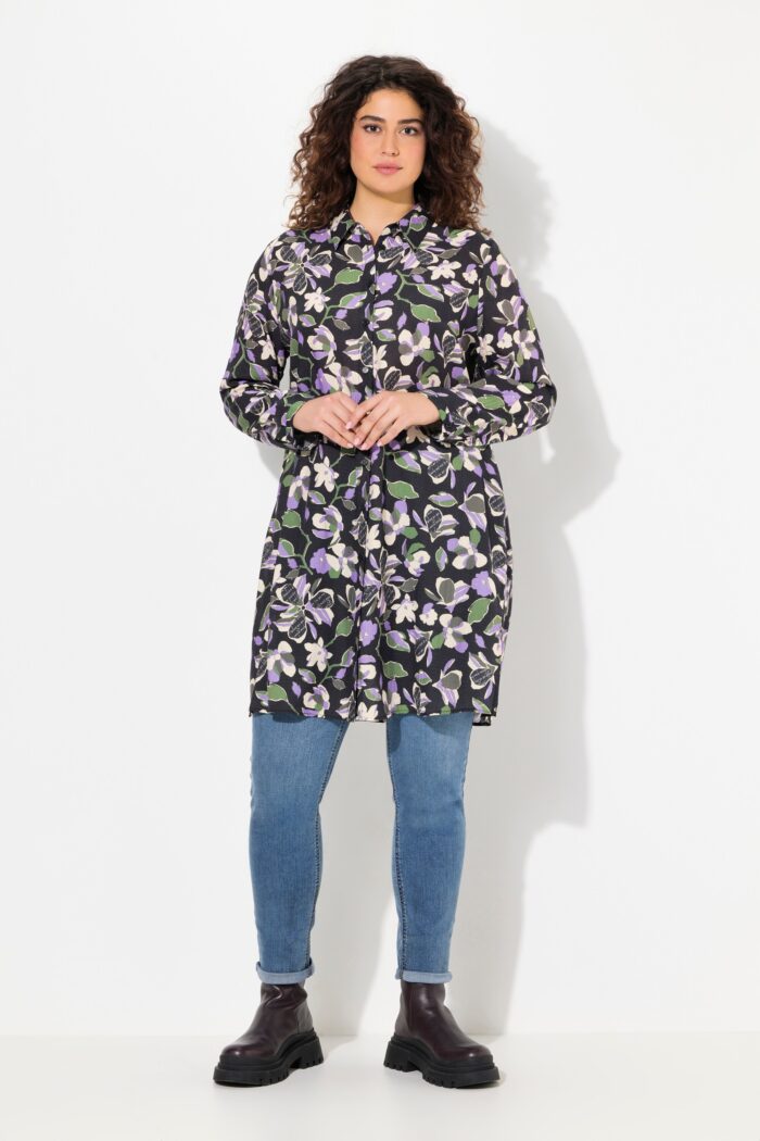 Ulla Popken Floral Button-Down Long Sleeve Tunic Dress