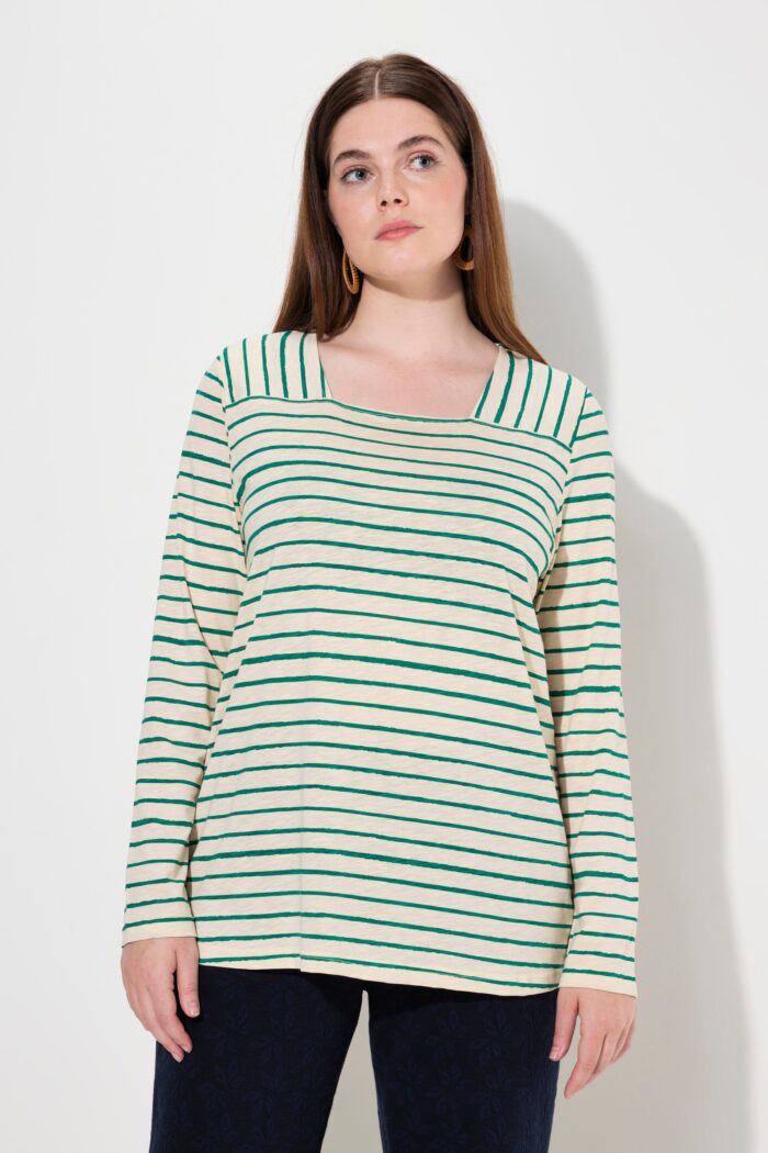 Ulla Popken Eco Cotton Striped Square Neck Long Sleeve Tee