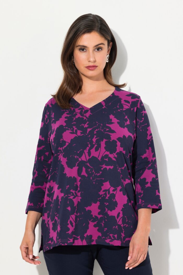 Ulla Popken Berry Floral Silhouette 3/4 Sleeve Tee