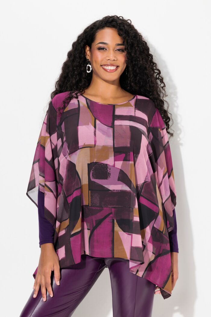 Ulla Popken Abstract Print Layered Chiffon Blouse