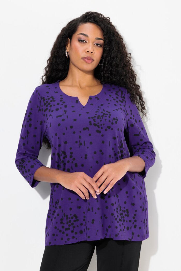 Ulla Popken Black Polka Dot 3/4 Sleeve Split Neck Tee