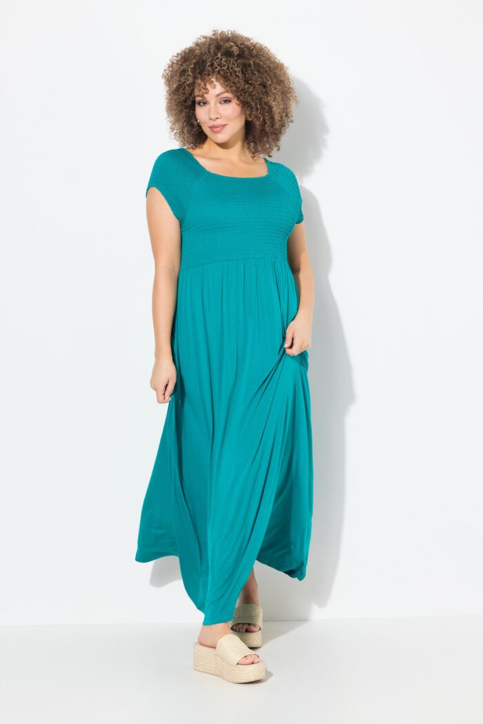 Ulla Popken Solid Smocked Bodice Stretch Knit Maxi Dress - Image 5