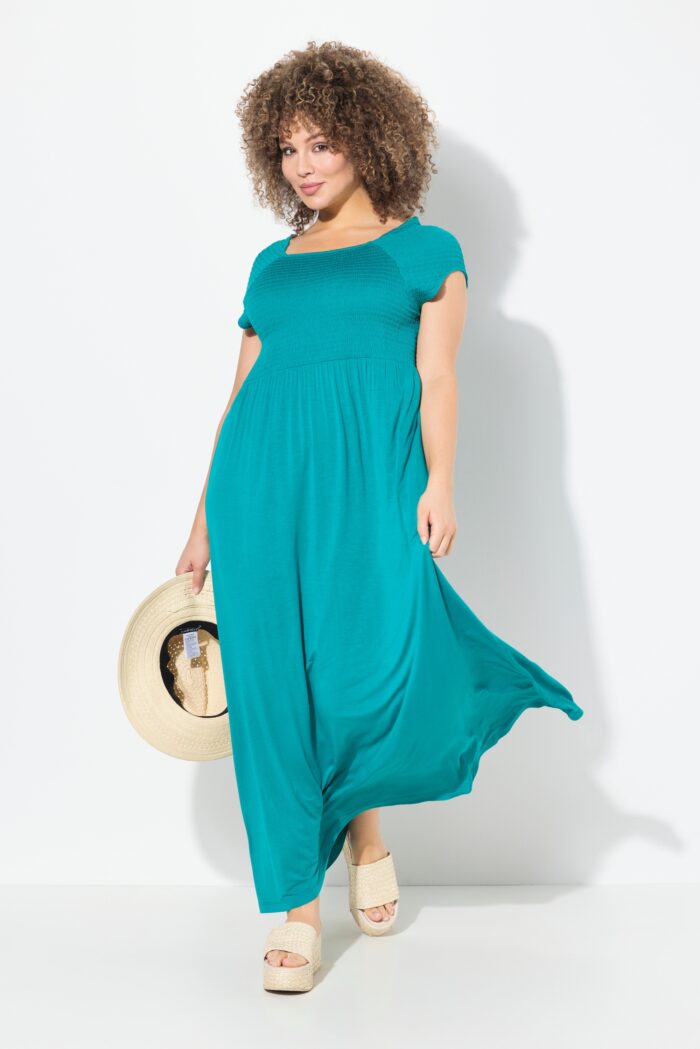 Ulla Popken Solid Smocked Bodice Stretch Knit Maxi Dress