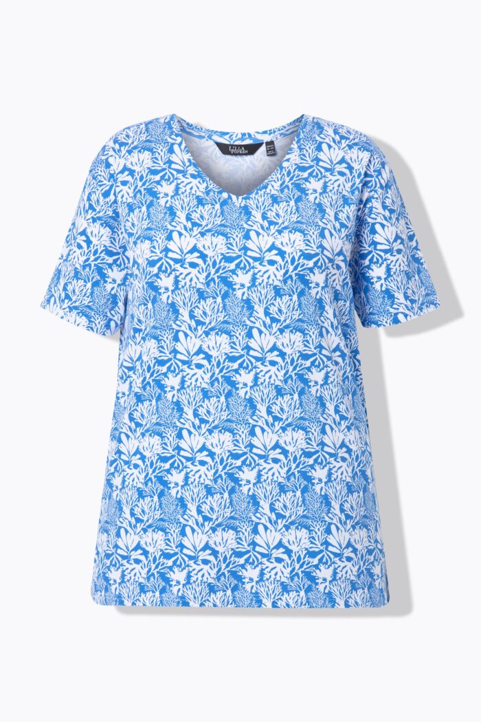Ulla Popken Coral Reef Printed Short Sleeve V-Neck Tee (Blue) - Image 2