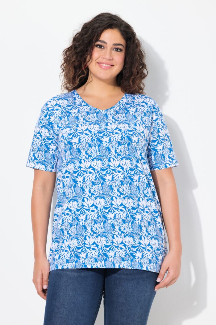 Ulla Popken Coral Reef Printed Short Sleeve V-Neck Tee (Blue)