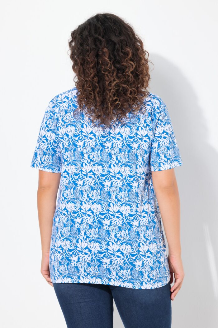 Ulla Popken Coral Reef Printed Short Sleeve V-Neck Tee (Blue) - Image 5
