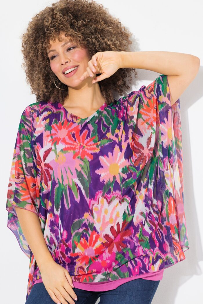 Ulla Popken Draped Mesh Layered Blouse