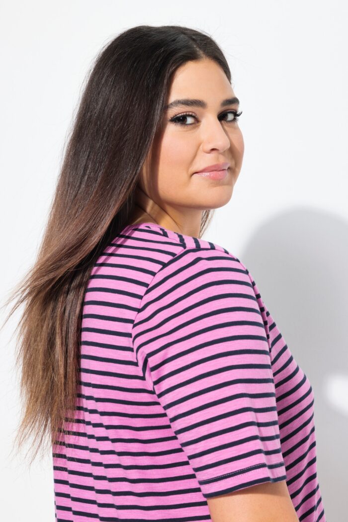 Ulla Popken Striped Split Neck Short Sleeve Tee - Image 3