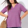 Ulla Popken Striped Split Neck Short Sleeve Tee
