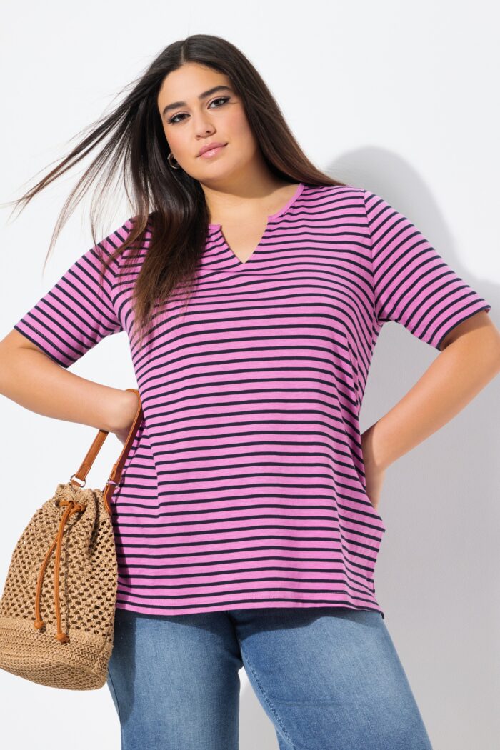 Ulla Popken Striped Split Neck Short Sleeve Tee