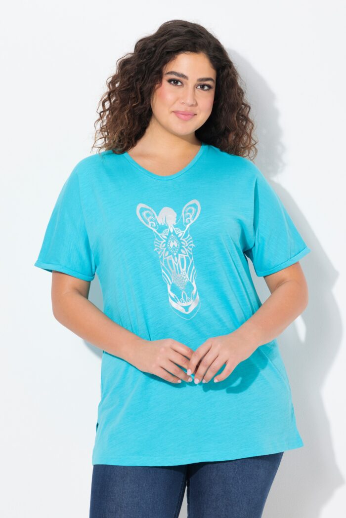 Ulla Popken Mandala Animal Motif Short Sleeve Tee (Deep Aqua Giraffe)
