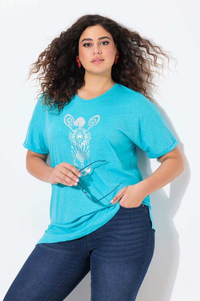 Ulla Popken Mandala Animal Motif Short Sleeve Tee (Deep Aqua Giraffe) - Image 2