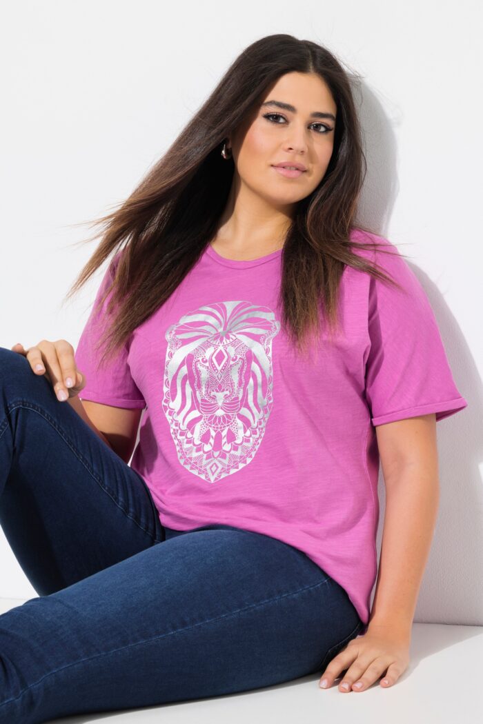 Ulla Popken Mandala Animal Motif Short Sleeve Tee (Cool Pink Lion)