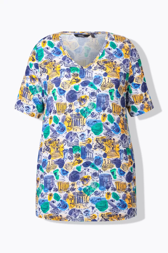 Ulla Popken Italy Print Short Sleeve V-Neck Tee - Image 3