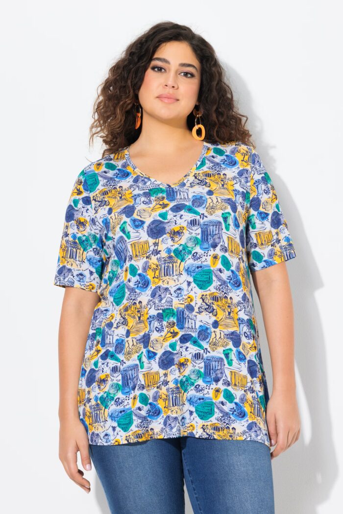 Ulla Popken Italy Print Short Sleeve V-Neck Tee
