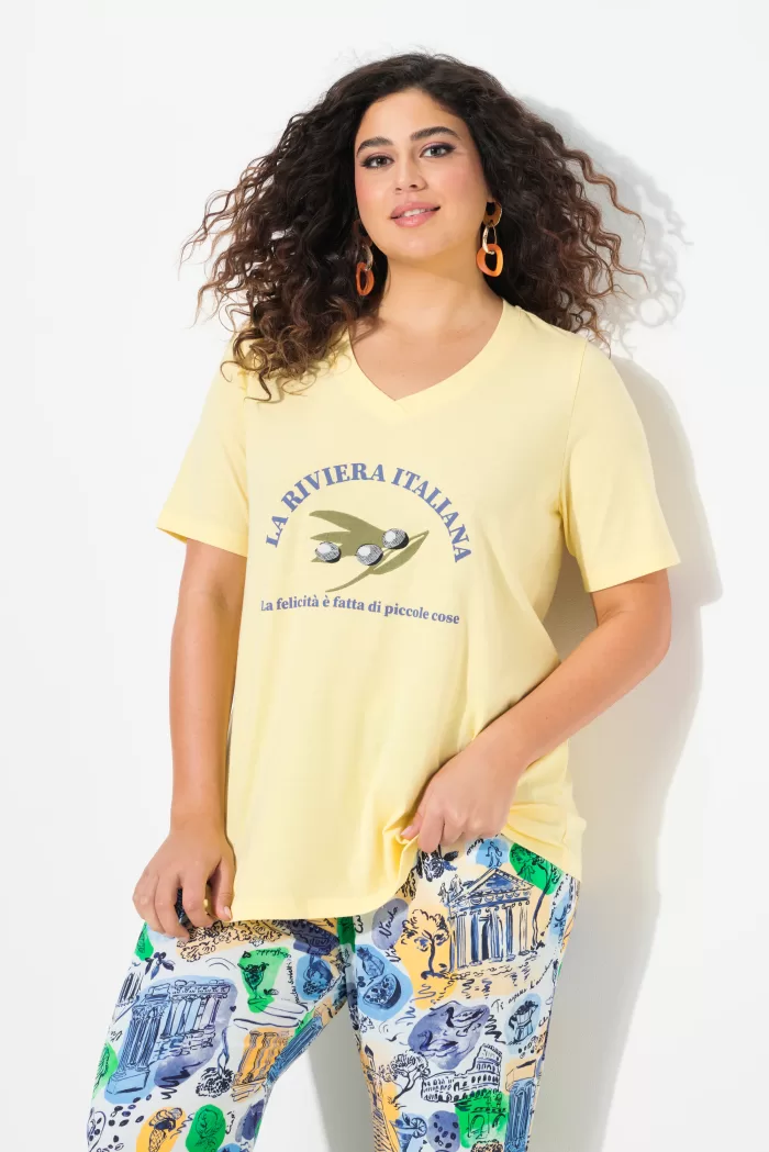 Ulla Popken Embroidered Short Sleeve V-Neck Vacation Tee
