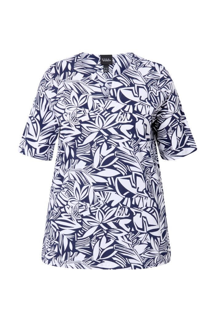 Ulla Popken Abstract Foliage Short Sleeve Split Neck Top - Image 3