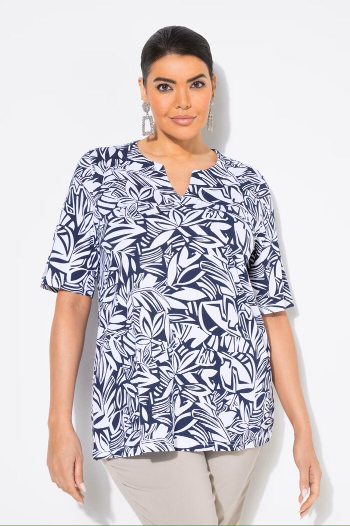 Ulla Popken Abstract Foliage Short Sleeve Split Neck Top