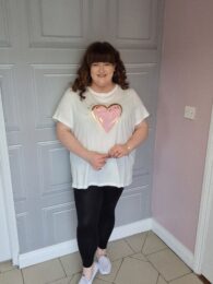 Plus size clothing – Only Strong Heart Tee in white with pink and gold heart print, organic cotton