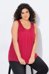 Plus size clothing – Essential Pleat Front Knit Tank in dark raspberry with round neck, front pleats, and A-line fit.