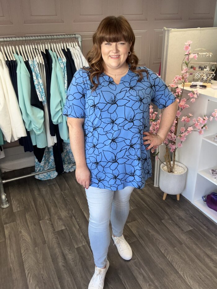 Ulla Popken Flower Print Short Sleeve Split Neck Tee