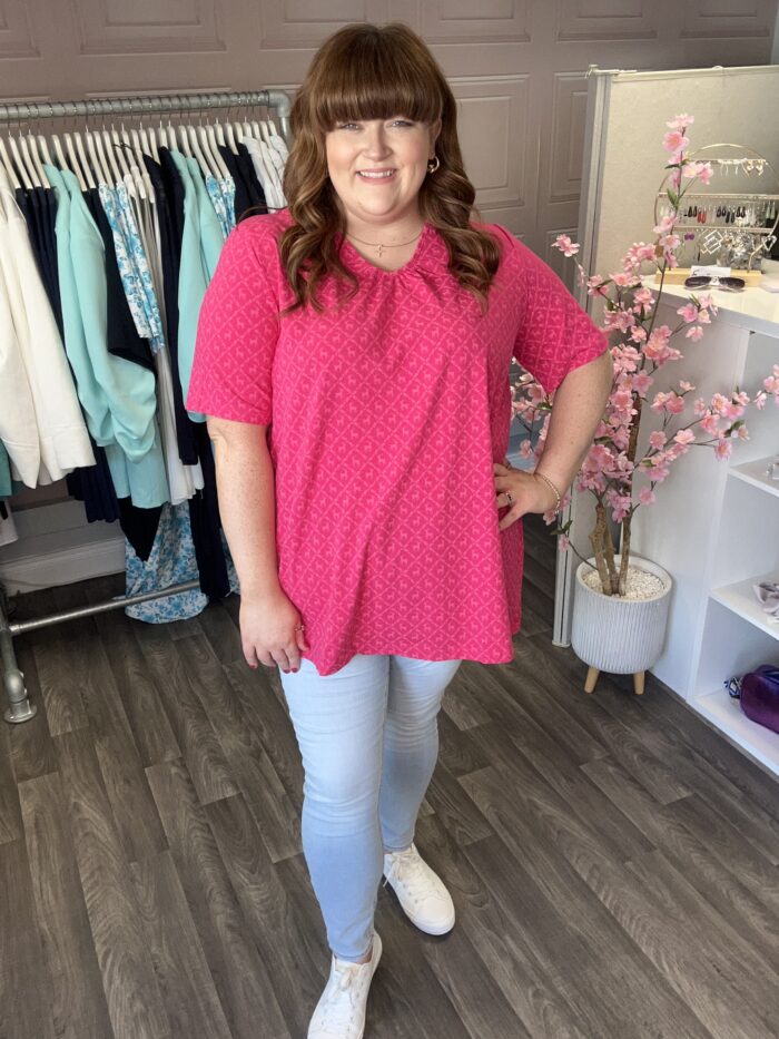Ulla Popken Traditional Print Short Sleeve V-Neck Tee (Candy Pink)