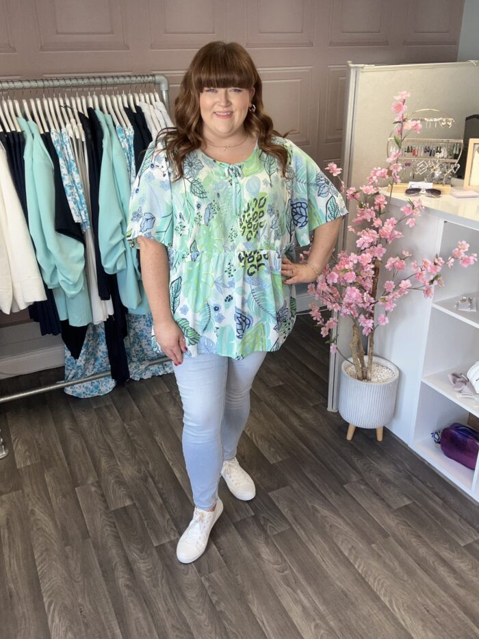 Ulla Popken Smocked Leaf Print Short Sleeve Blouse