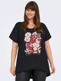 Plus size clothing – Only Carketty Floral T-Shirt in black with floral graphic print and imitation stone detail.