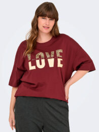 Plus size clothing – ONLY Carkourtney Love T-Shirt in cabernet with metallic glitter detail and loose fit.