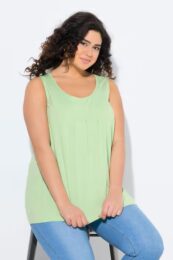 Plus size clothing – Essential Pleat Front Knit Tank in light green with round neck, front pleats, and A-line fit. 