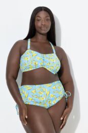 Plus size clothing – Ulla Popken Floral Print Bikini Set in light sapphire with adjustable straps and matching briefs.