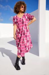 Plus size clothing – Ulla Popken Batik Striped Gathered Shoulders Dress with V-neck, adjustable shoulder ties, and practical side pockets. 