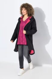 Plus size clothing – Ulla Popken HYPRAR Softshell Jacket in black with wide hood, fleece lining, and 2-way zip.