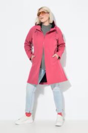 Plus size clothing – Ulla Popken HYPRAR Softshell Jacket in pomegranate pink with hood, fleece lining, and 2-way zip.