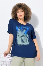Plus size clothing Ulla Popken Portugal ruffled cuff graphic tee in navy with city print