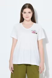 Plus size clothing – Ulla Popken Eco Cotton Flower Graphic Tee with front logo and large back print.