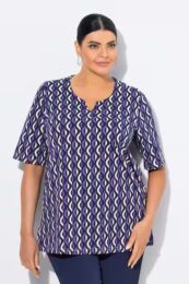 Plus size clothing – Ulla Popken Geometric Print Short Sleeve Split Neck Tee with A-line fit and side slits. 