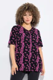 Plus size clothing – Ulla Popken Letter Print Short Sleeve Tee with bold letter print, V-neck, and A-line fit. 