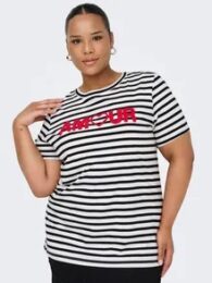 Plus size black and white striped t-shirt with red terry 'AMOUR' print across chest – Only brand 