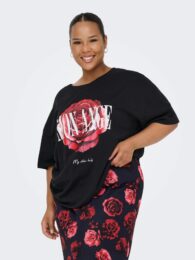 Plus size clothing – ONLY Mon Ange T-Shirt with rhinestone rose graphic, dropped shoulders, and loose fit.